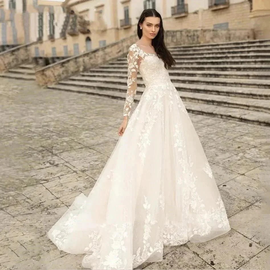 Elegant Round Neck Wedding Dresses 2023 Lace Long Sleeve Decal A-line  Fashion Women's Bridal Dress Robe Back Strap Design De - Image 2