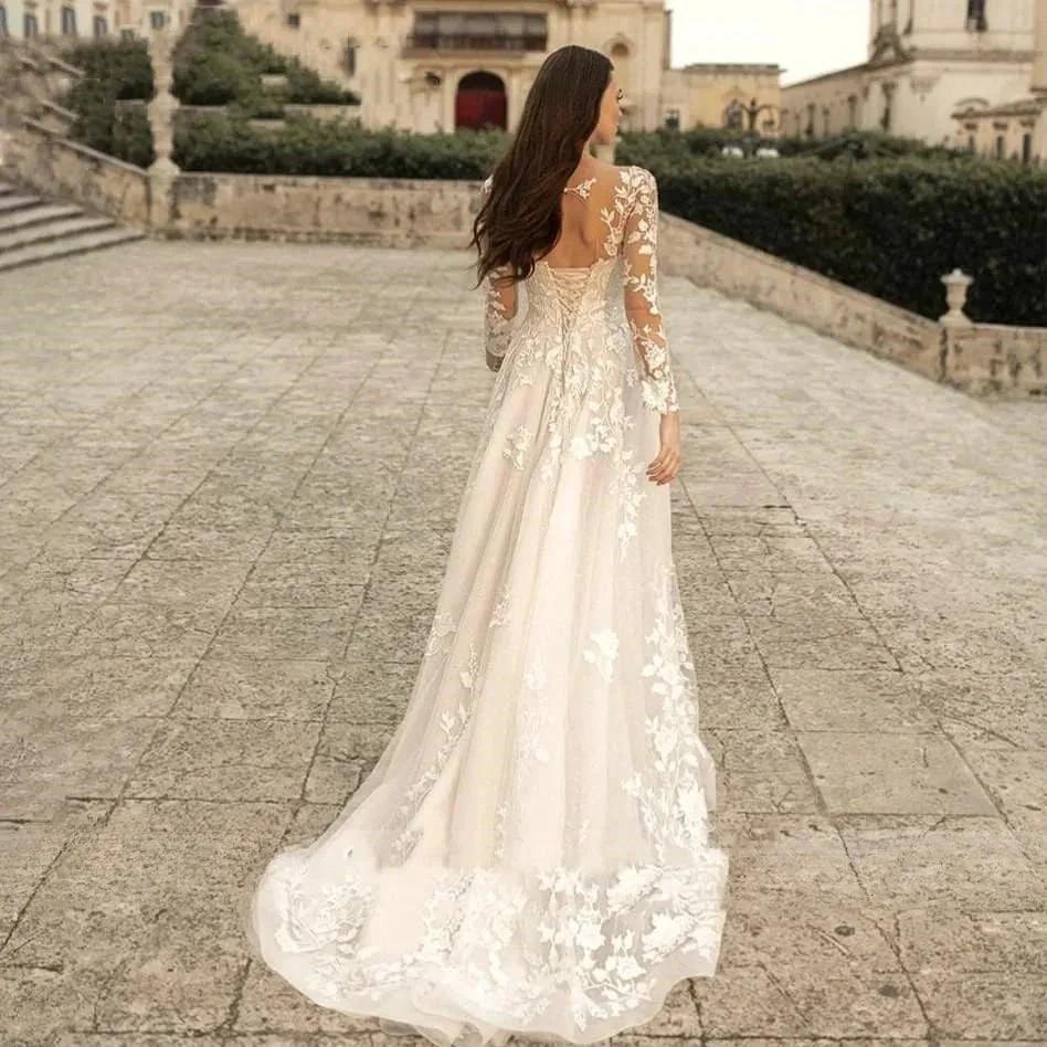 Elegant Round Neck Wedding Dresses 2023 Lace Long Sleeve Decal A-line  Fashion Women's Bridal Dress Robe Back Strap Design De - Image 3