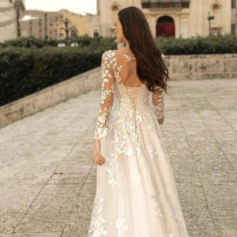 Elegant Round Neck Wedding Dresses 2023 Lace Long Sleeve Decal A-line  Fashion Women's Bridal Dress Robe Back Strap Design De - Image 4