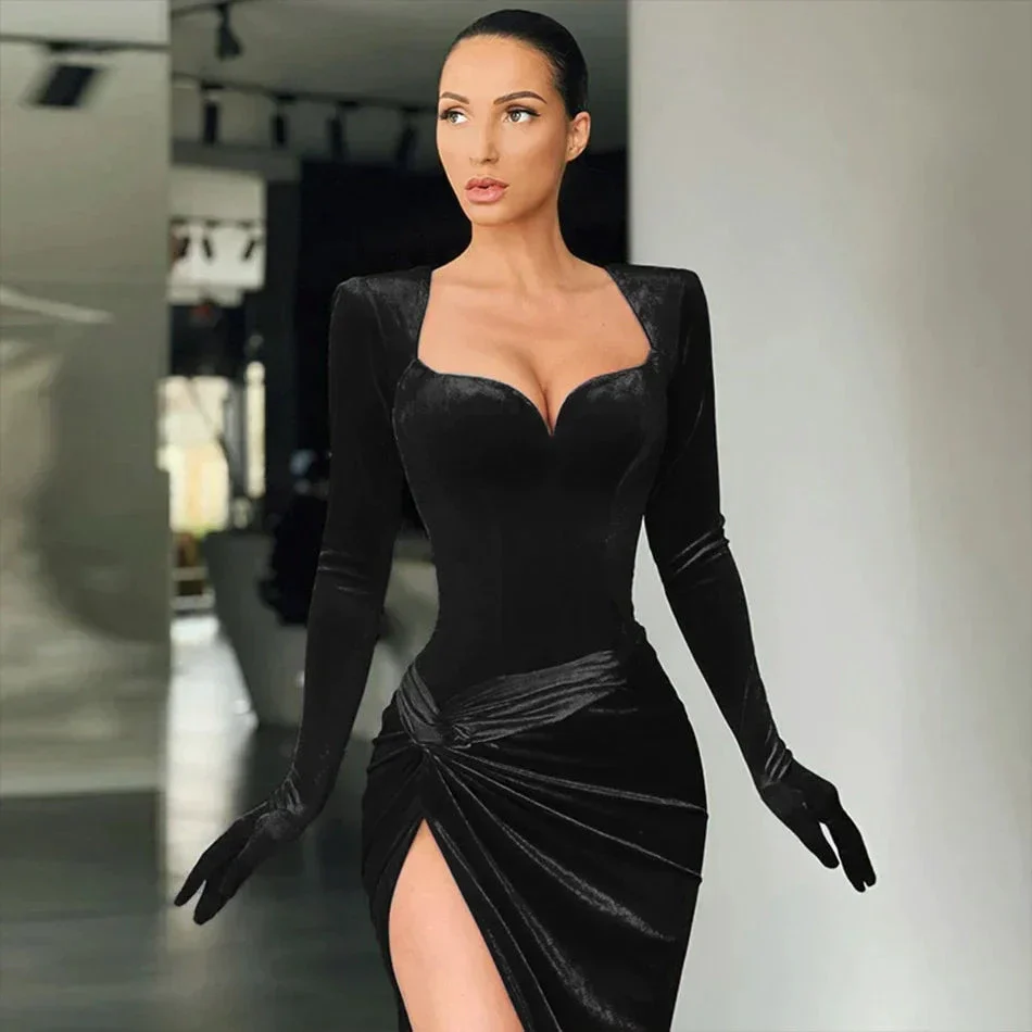 Elegant Royal Blue Velvet Evening Dress High Slit Formal Dress  Y402 - Image 2