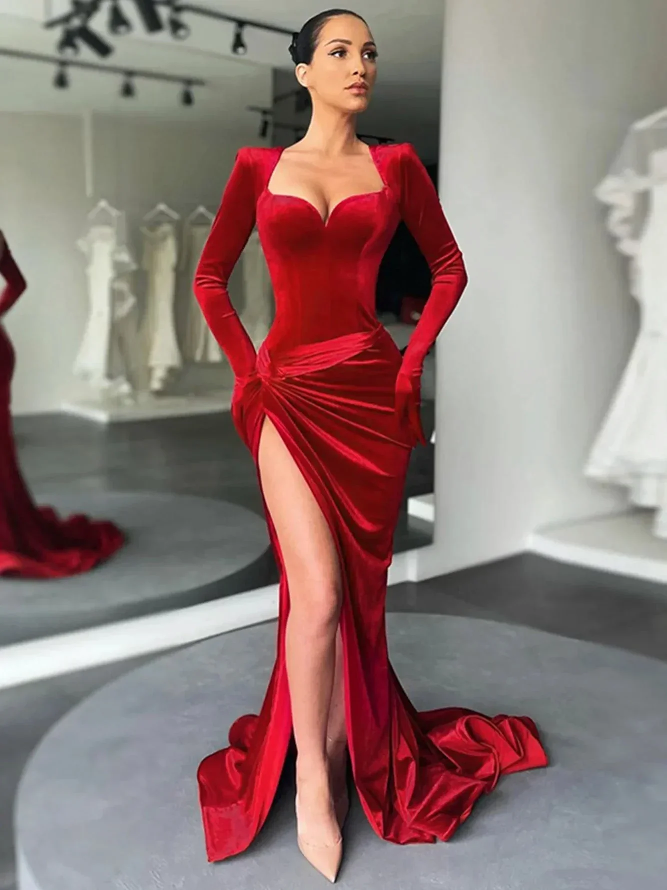 Elegant Royal Blue Velvet Evening Dress High Slit Formal Dress  Y402 - Image 3