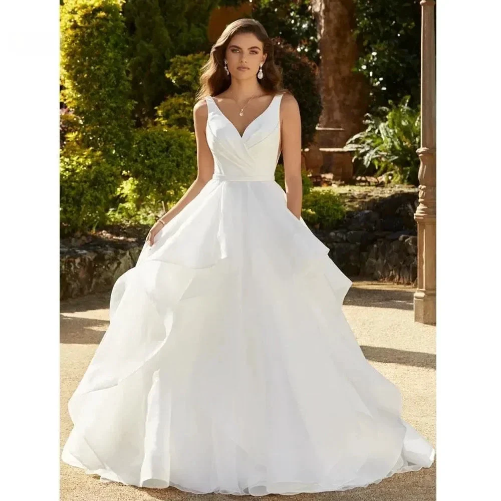 Elegant Ruffles Wedding Dresses For Women V-Neck Backless Bridal Gowns A-Line Sleeveless Vestidos De Novia - Image 4
