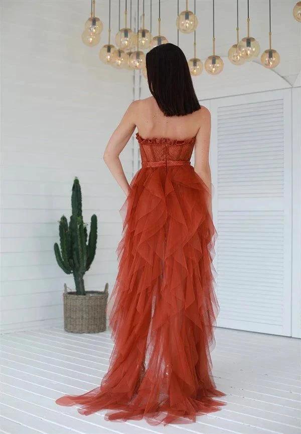Saanvi | Elegant Rust Tiered Ruffles Tulle Prom Dress - Image 3