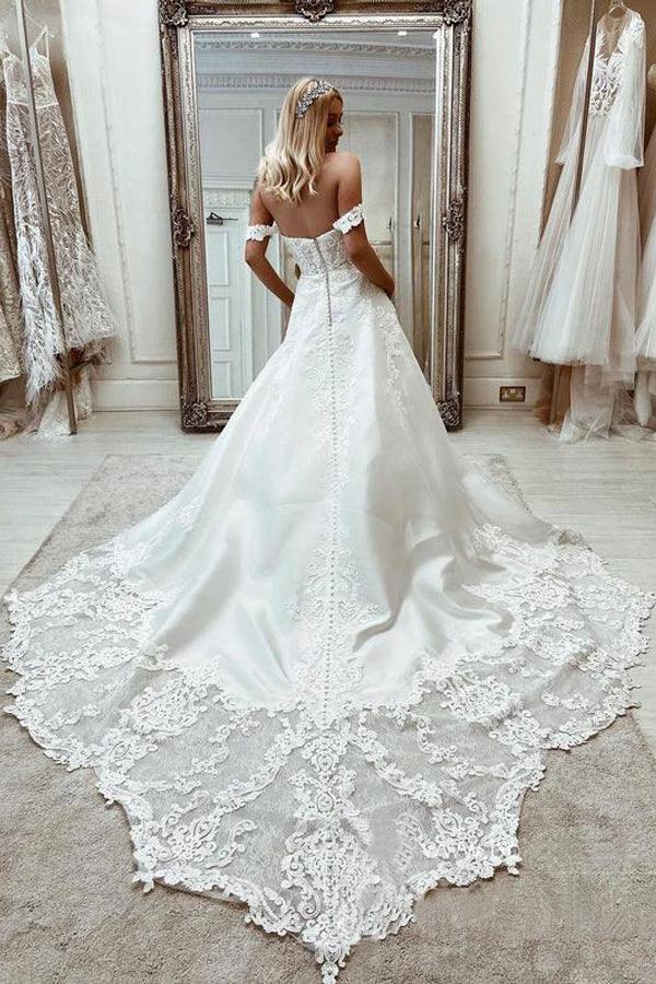 Elegant Satin Off-the-shoulder A-line Wedding Dresses With Appliques WD573 - Image 2