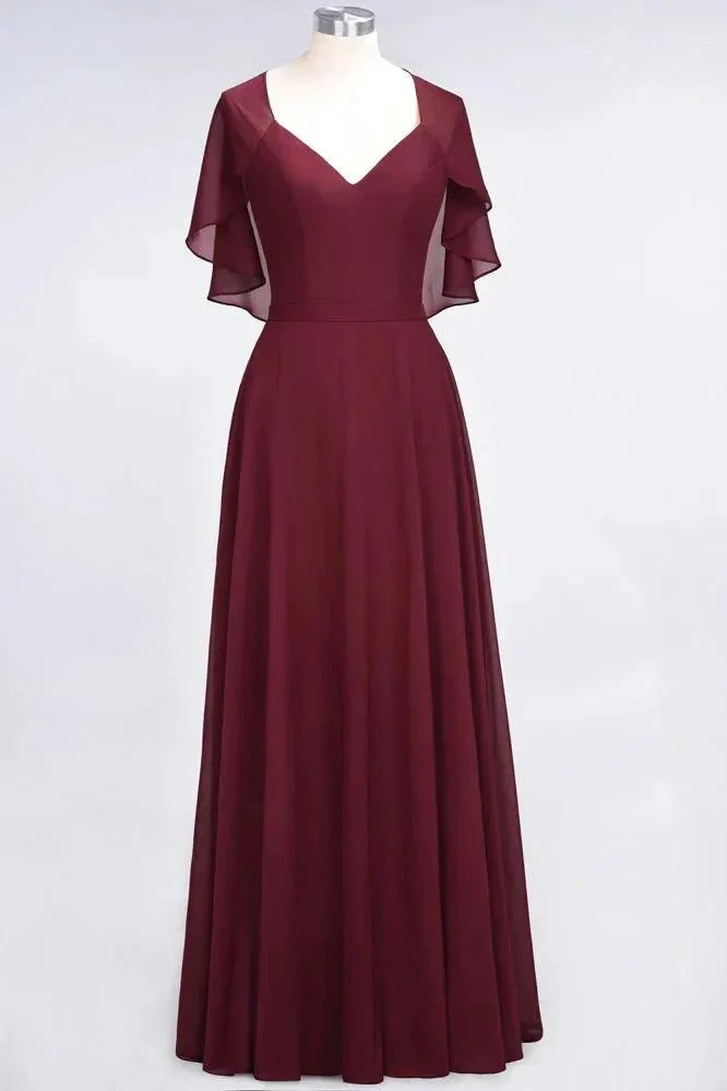 Elegant Satin V-Neck Short Sleeve Princess Bridesmaid Dress Ruffle Chiffon Wedding Guest Dress - Image 2