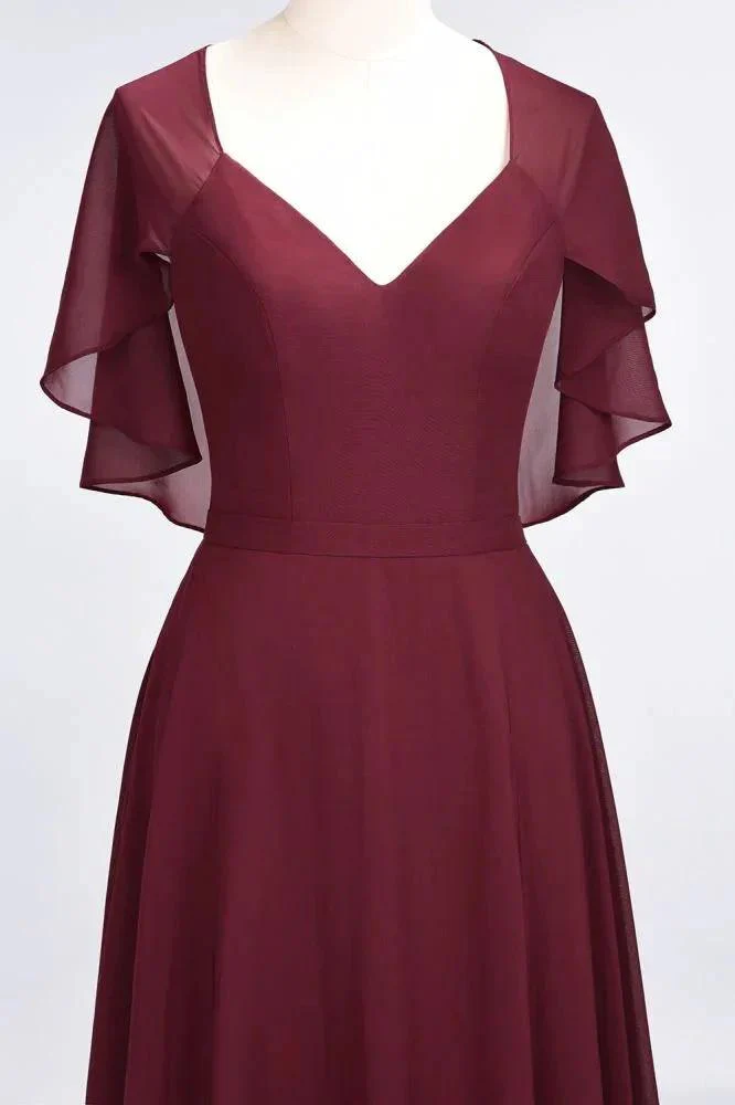 Elegant Satin V-Neck Short Sleeve Princess Bridesmaid Dress Ruffle Chiffon Wedding Guest Dress - Image 5