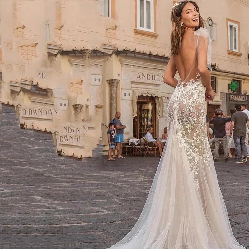 Elegant Scoop Neck Backless Mermaid Wedding Dress Simple Sleeveless Spaghetti Strap Bride Party Romantic Tulle Applique - Image 2