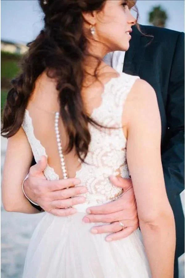 Elegant Scoop Neck Lace A Line Tulles Beach Wedding Dress WD034 - Image 3