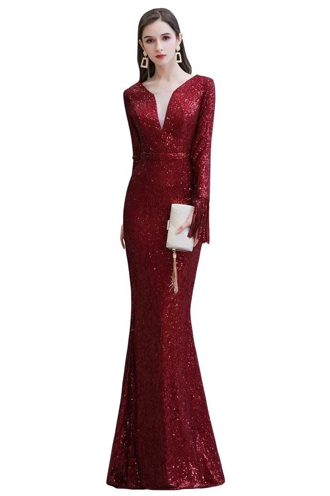 Elegant Sequined Burgundy V-Neck Mermaid Cocktail Party Dress Floor Length - Image 10