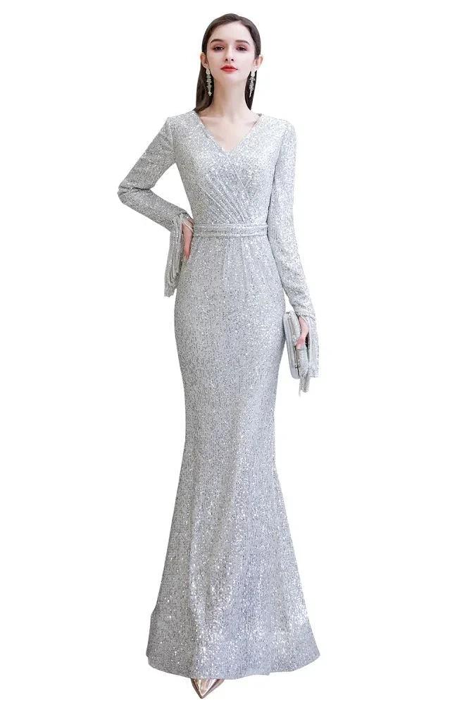 Elegant Sequined Burgundy V-Neck Mermaid Cocktail Party Dress Floor Length - Image 11