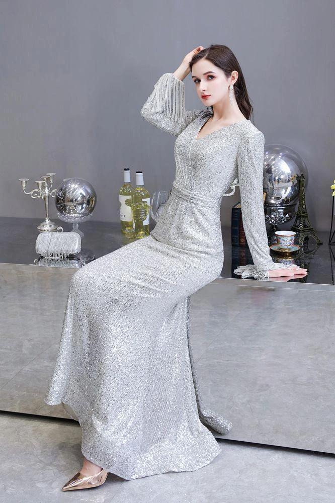 Elegant Sequined Burgundy V-Neck Mermaid Cocktail Party Dress Floor Length - Image 12