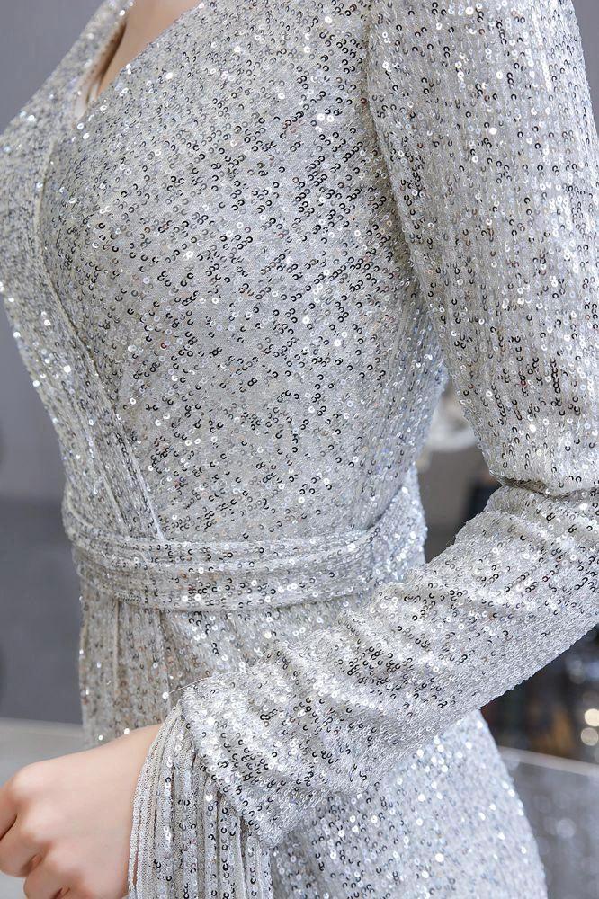 Elegant Sequined Burgundy V-Neck Mermaid Cocktail Party Dress Floor Length - Image 13
