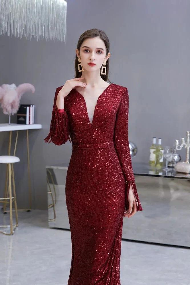 Elegant Sequined Burgundy V-Neck Mermaid Cocktail Party Dress Floor Length - Image 14