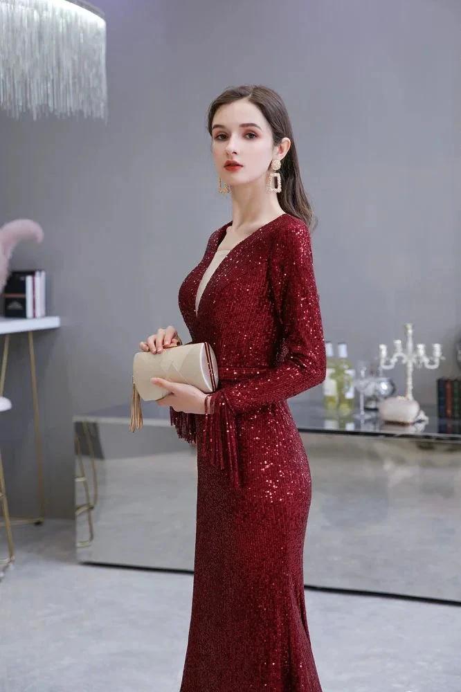 Elegant Sequined Burgundy V-Neck Mermaid Cocktail Party Dress Floor Length - Image 17