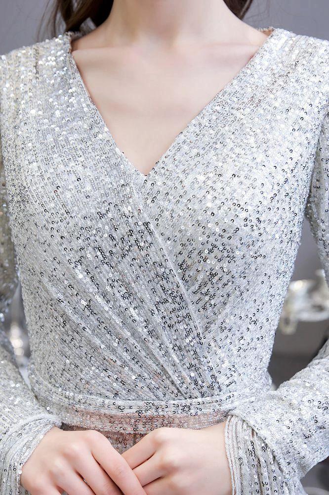 Elegant Sequined Burgundy V-Neck Mermaid Cocktail Party Dress Floor Length - Image 18