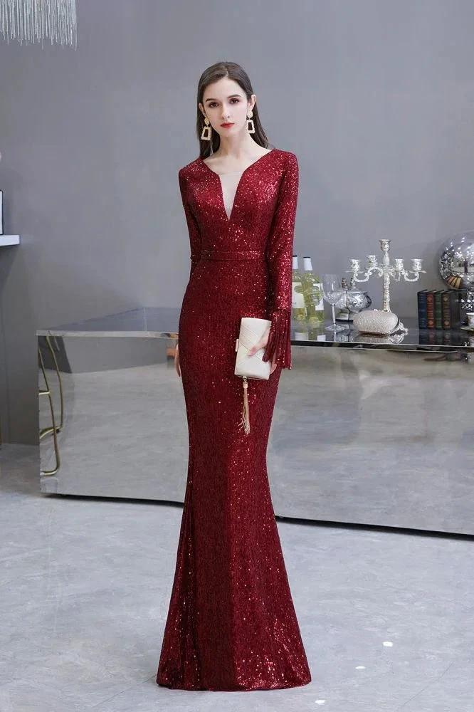 Elegant Sequined Burgundy V-Neck Mermaid Cocktail Party Dress Floor Length - Image 2