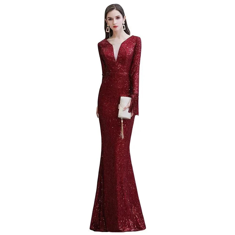 Elegant Sequined Burgundy V-Neck Mermaid Cocktail Party Dress Floor Length - Image 20