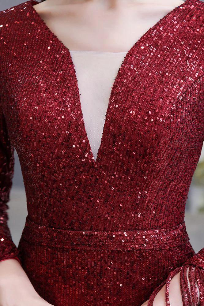 Elegant Sequined Burgundy V-Neck Mermaid Cocktail Party Dress Floor Length - Image 21