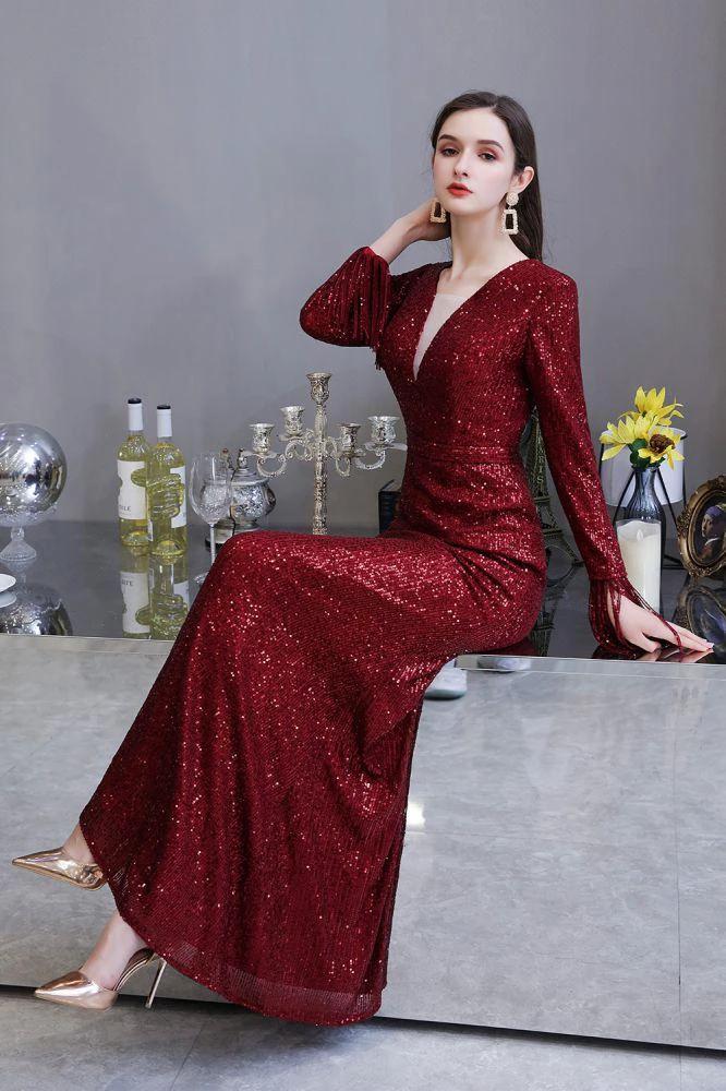 Elegant Sequined Burgundy V-Neck Mermaid Cocktail Party Dress Floor Length - Image 22