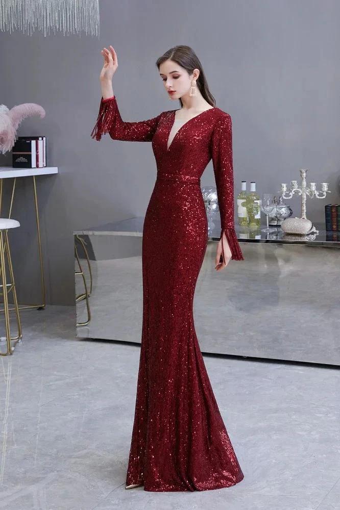 Elegant Sequined Burgundy V-Neck Mermaid Cocktail Party Dress Floor Length - Image 23