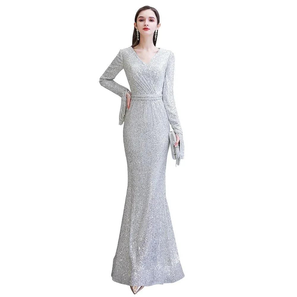 Elegant Sequined Burgundy V-Neck Mermaid Cocktail Party Dress Floor Length - Image 24