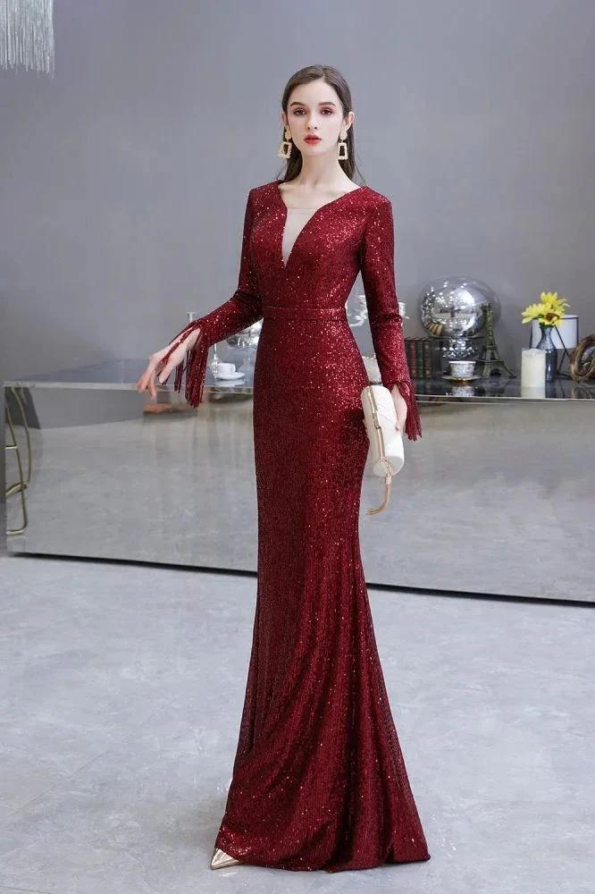 Elegant Sequined Burgundy V-Neck Mermaid Cocktail Party Dress Floor Length - Image 25