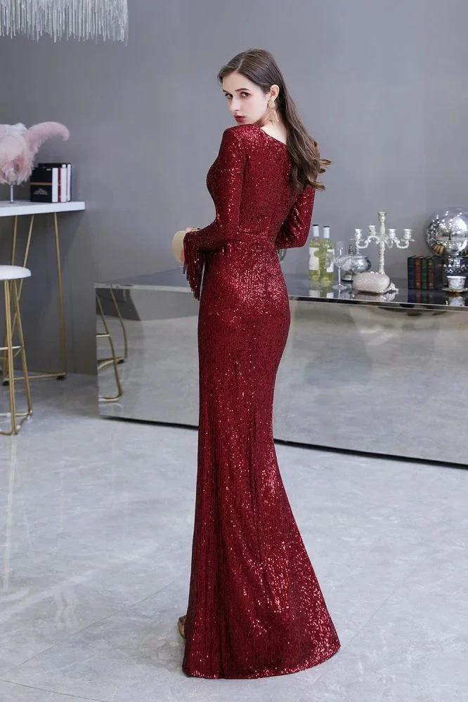 Elegant Sequined Burgundy V-Neck Mermaid Cocktail Party Dress Floor Length - Image 26