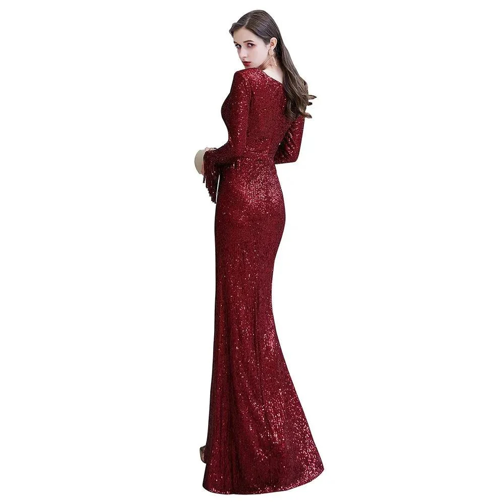 Elegant Sequined Burgundy V-Neck Mermaid Cocktail Party Dress Floor Length - Image 27