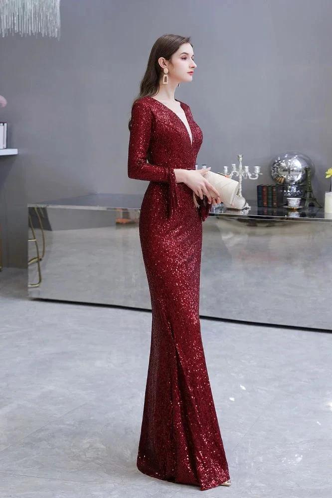 Elegant Sequined Burgundy V-Neck Mermaid Cocktail Party Dress Floor Length - Image 28