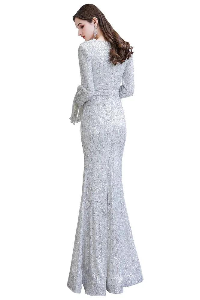 Elegant Sequined Burgundy V-Neck Mermaid Cocktail Party Dress Floor Length - Image 29