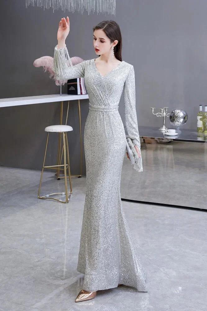 Elegant Sequined Burgundy V-Neck Mermaid Cocktail Party Dress Floor Length - Image 3