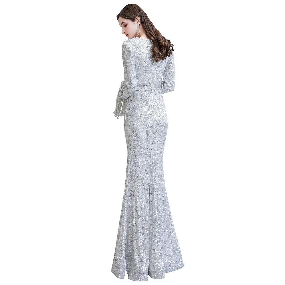 Elegant Sequined Burgundy V-Neck Mermaid Cocktail Party Dress Floor Length - Image 30