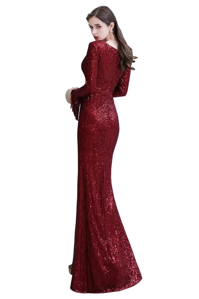 Elegant Sequined Burgundy V-Neck Mermaid Cocktail Party Dress Floor Length - Image 31