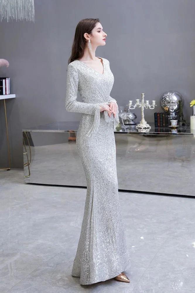 Elegant Sequined Burgundy V-Neck Mermaid Cocktail Party Dress Floor Length - Image 4