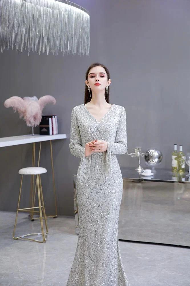 Elegant Sequined Burgundy V-Neck Mermaid Cocktail Party Dress Floor Length - Image 5