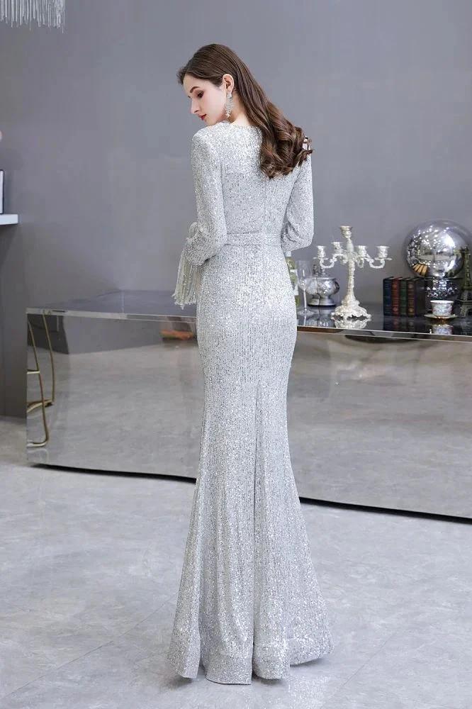 Elegant Sequined Burgundy V-Neck Mermaid Cocktail Party Dress Floor Length - Image 6