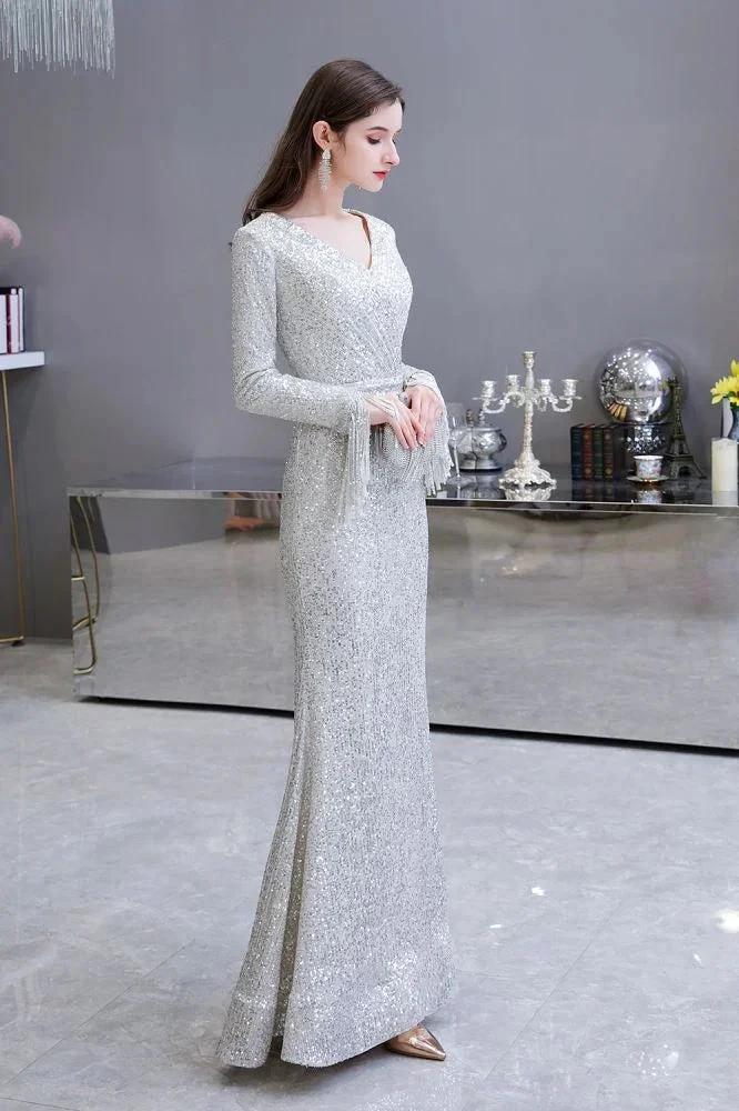 Elegant Sequined Burgundy V-Neck Mermaid Cocktail Party Dress Floor Length - Image 7
