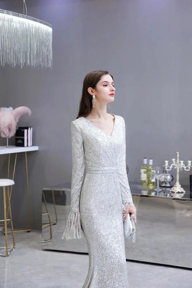 Elegant Sequined Burgundy V-Neck Mermaid Cocktail Party Dress Floor Length - Image 9