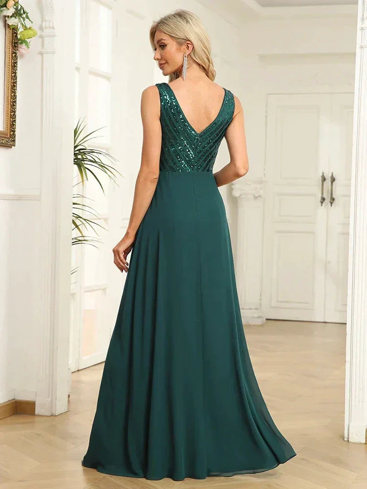 Elegant Sequrin Evening Dress 2025 Women Chiffon Long Formal Deep V-neck Green Caicktail Wedding Party Prom Dresses - Image 2