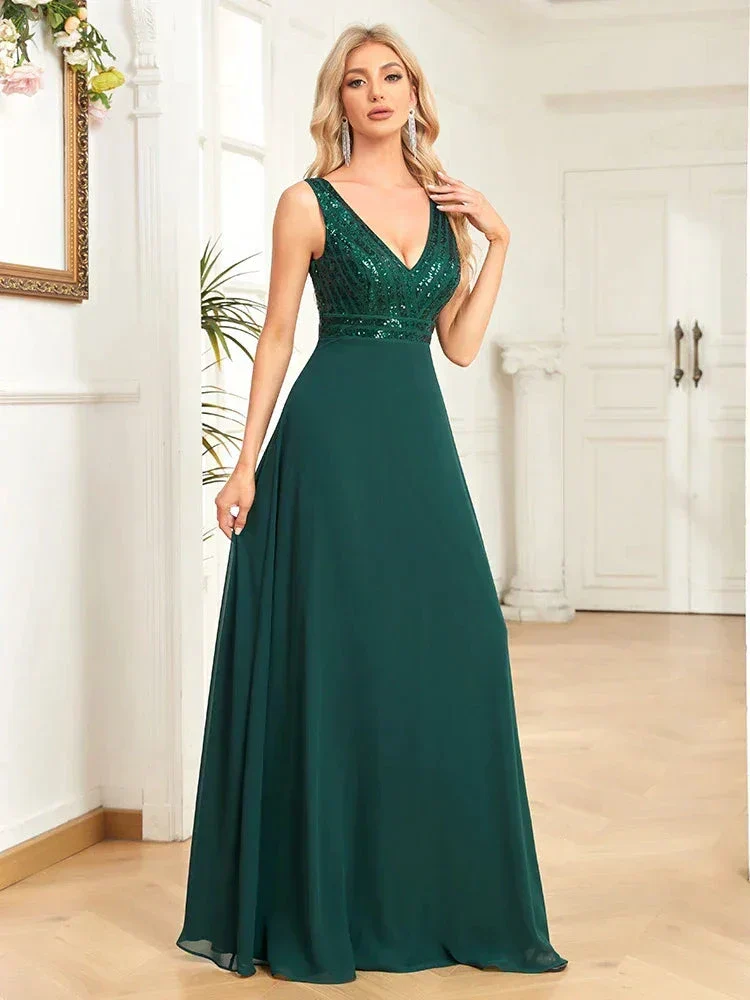 Elegant Sequrin Evening Dress 2025 Women Chiffon Long Formal Deep V-neck Green Caicktail Wedding Party Prom Dresses - Image 4
