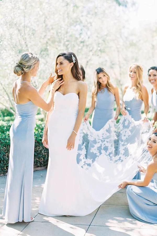 Elegant Sheath Halter Light Blue Satin Long Bridesmaid Dresses BD078 - Image 2