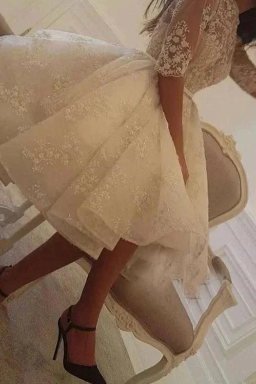 Elegant Short A-line Jewel Tulle Lace Wedding Dress with Sleeves - Image 2