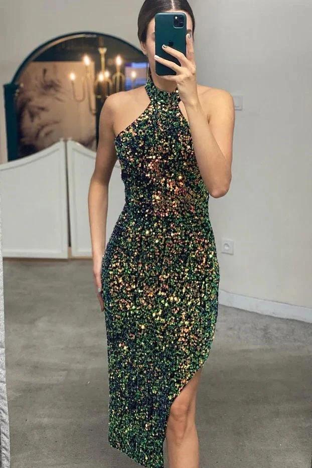 Elegant Short Mermaid Sequins Halter Party Prom Dresses with Slit - Image 2