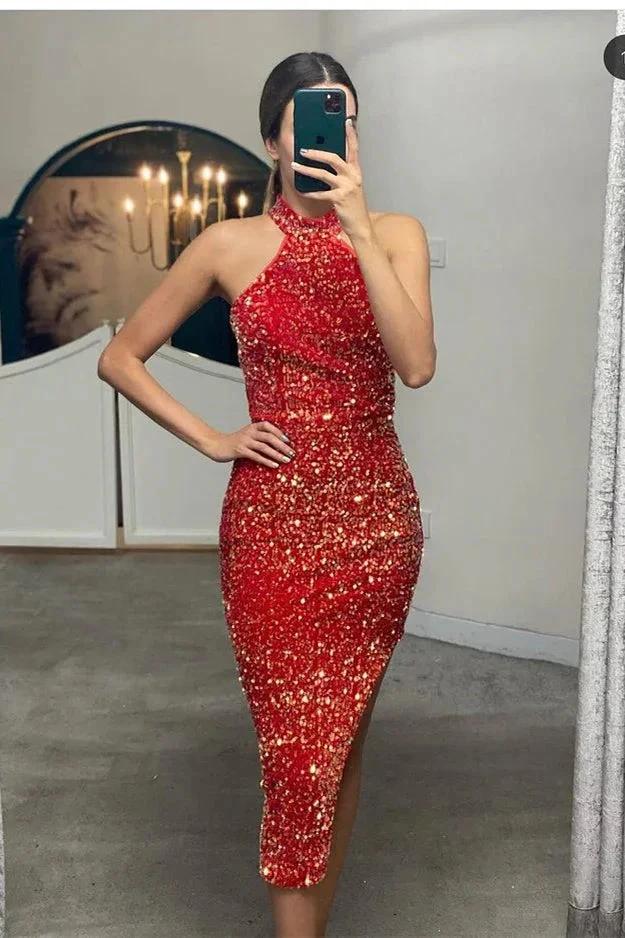 Elegant Short Mermaid Sequins Halter Party Prom Dresses with Slit - Image 4