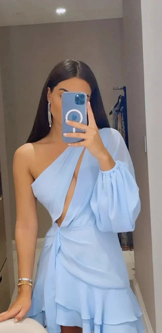 Elegant Short One Shoulder Chiffon Homecoming Dress A-Line Sky Blue Ruffled Cocktail Party Dress Y2436 - Image 2