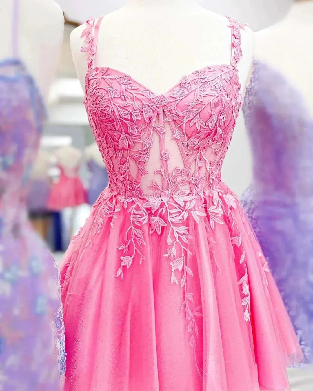 Elegant Short Pink Straps Lace Sleeveless Glitter Homecoming Dress - Image 3