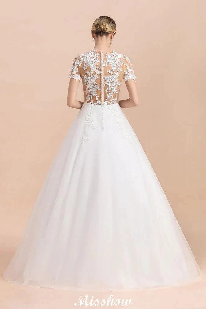 Elegant Short Sleeve Ball Gown White Lace Appliques Wedding Dress - Image 2