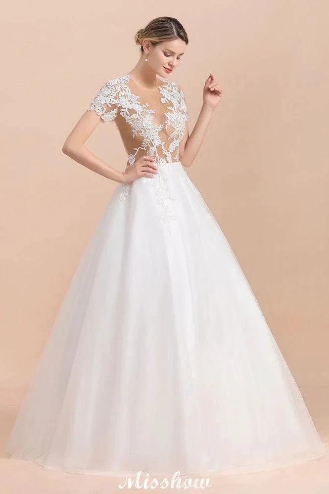 Elegant Short Sleeve Ball Gown White Lace Appliques Wedding Dress - Image 3