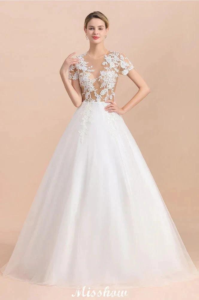 Elegant Short Sleeve Ball Gown White Lace Appliques Wedding Dress - Image 4