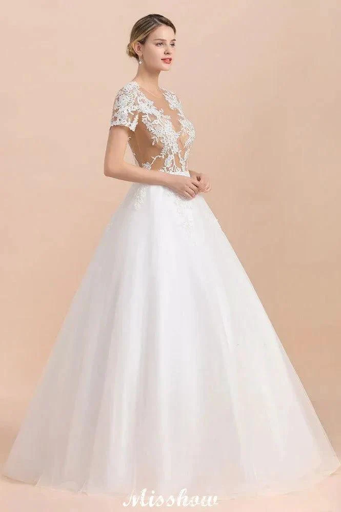 Elegant Short Sleeve Ball Gown White Lace Appliques Wedding Dress - Image 5